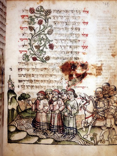 مشهد الكتاب المقدس: اليهود يعبرون البحر الأحمر. صفحة مشازور ، كتاب الصلاة بالعبرية. مخطوطة sd. بواسطة مدرسة يهودية