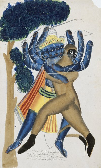 رافانا ملك الشياطين في سيلان يقاتل ابن هانومان (لوحة مائية على ورق) بواسطة مدرسة كاليجات