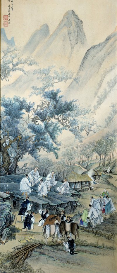 Coreen Art: Civilian Coreens came from European Catholic missionaries killed by repression during the evangelization in Korea in the 19th century while the gendarmes are drinking alcohol. Missionaries are represented with the aureoles as Catholic saints. P بواسطة المدرسة الكورية