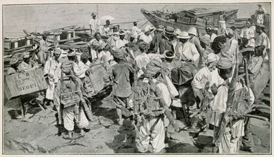 حمالون كوريون في ميناء تشيمولبو (كوريا الجنوبية) ، يفرغون سفن الينك - رسم توضيحي بعد تصوير القرن التاسع عشر بواسطة جي دي بانج ، من السفر في كوريا للطبيب هاغن بواسطة المدرسة الكورية