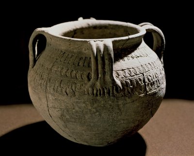 علم آثار العصور الوسطى (العصور الوسطى). فن الغال البربري: مزهرية من الخزف المحفور. فرنسا ، العصر الميروفنجي ، القرن الثامن. ستراسبورغ ، متحف الآثار في قصر روهان بواسطة مدرسة Merovingian