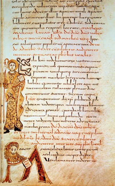 القديس ماثيو حرف م (رأس أسد القديس مرقس). صفحة في "" أسرار جيلون "، ورقة 42. مستنير بواسطة ديفيد ، ضد 790 ، فرنسا ، مو أو كامبراي. BN ، باريس بواسطة مدرسة Merovingian