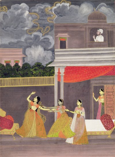 سيدة أحضرت من عاصفة في الليل: رسم توضيحي من الوضع الموسيقي Madhu Madhavi ، حوالي 1760 (غواش على ورق) بواسطة مدرسة المغول