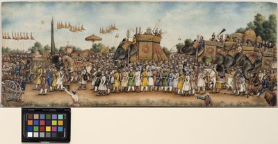 أكبر شاه الثاني يركب فيلًا في موكب ضخم ، حوالي عام 1835 (ألوان مائية غير شفافة وذهب على عاج) بواسطة مدرسة المغول