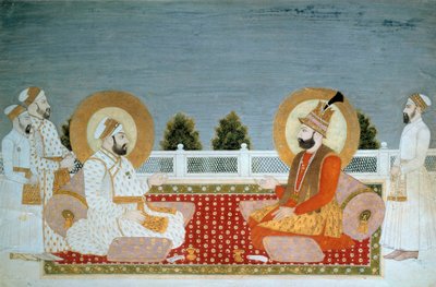 الفن الهندي: "" تمثيل محمد شاه (1702-1748) إمبراطور الهند ونادير شاه (1688-1747) ، شاه إيران "" صورة مصغرة لمدرسة المغول ، محمد شاه (1526-1858 م) ، الشمس. 0،21x0،31 م - باريس ، متحف جيميه ، المتحف الوطني للفنون الآسيويين - م بواسطة مدرسة المغول