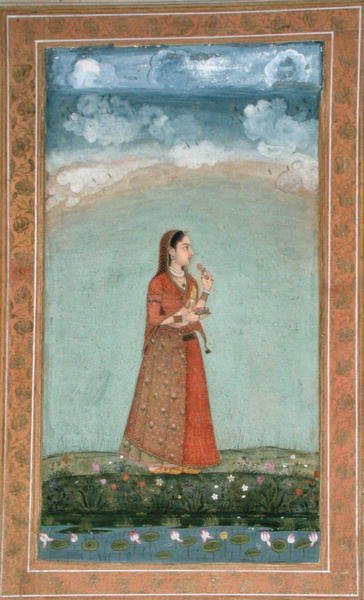 سيدة تحمل وعاء من أزهار الورد ، من ألبوم Clive الصغير (ألوان مائية غير شفافة على ورق) بواسطة مدرسة المغول