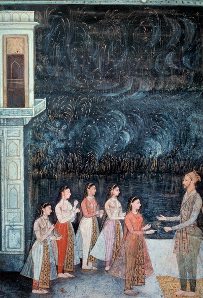 Night party scene at the court of the Shah Jahan representing the prince and courtesans. Fireworks in the background Miniature of the 18th century Mughal School. Sun 0,21x0,15 m Paris, Musee Guimet, Musee national des Arts Asians بواسطة مدرسة المغول