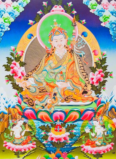 صورة تصور Padmasambhava والمعلم Rinpoche ، الرسول المؤلَّف من التبت التانترية الذي يقال إنه سيطر على الشياطين والأرواح (الغواش على القماش) بواسطة المدرسة النيبالية