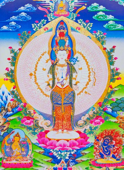 صورة تصور آلاف الأسلحة Avalokiteshvara ، أحد عشر رأسًا Avalokiteshvara بألف ذراع و 1022 عينًا ترمز إلى الرحمة اللانهائية (الغواش على القماش) بواسطة المدرسة النيبالية