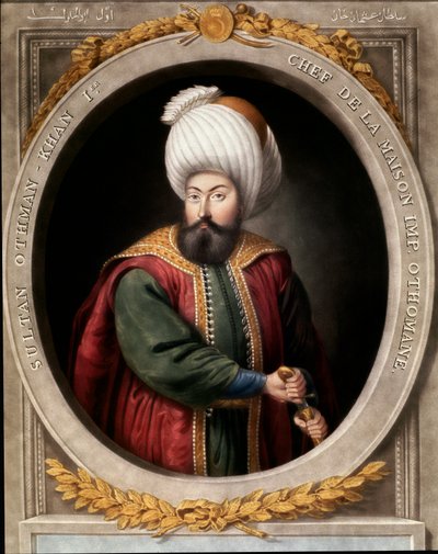 Ottoman Empire: portrait of the first Ottoman Sultan Osman I (1299-1326). Topkapi Sarayi Istanbul Library بواسطة مدرسة العثماني