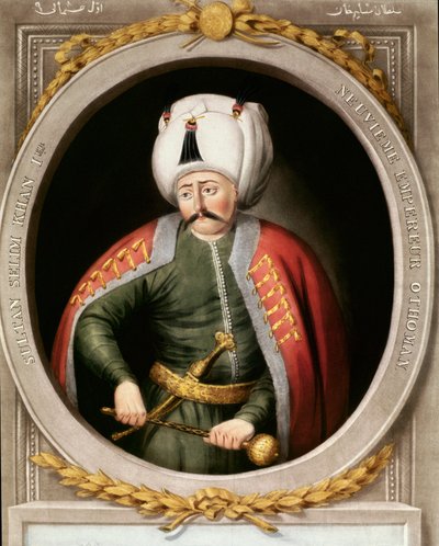الإمبراطورية العثمانية: صورة للسلطان العثماني التاسع سليم الأول تقول الرهيب أو القاسي (1470-1520). مصغر. مكتبة توبكابي سراي اسطنبول بواسطة مدرسة العثماني