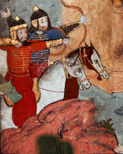 رماة السهام للزعيم المنغولي تامرلان (1336-1405) (أو تيمور لانج ، تيمور الأعرج "") خلال معركة أنقرة (أنسيرا أو أنكورا) الذين شهدوا في 20/07/1402 انتصار المنغوليين على العثمانيين الجيش "" التفاصيل. مكتبة متحف توبكابي سراي Ist بواسطة مدرسة العثماني