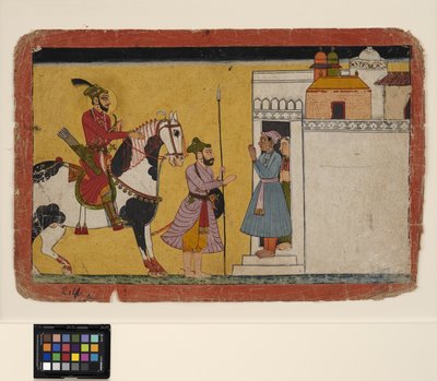 توقف صيد الأمير عند باب المنزل ، حوالي عام 1700 (معتم w - c وذهب على ورق) بواسطة مدرسة باهاري