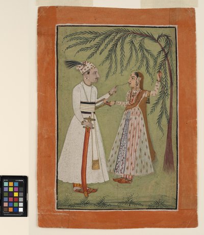حاكم يشد خصلة من شعر سيدة تمسك بشجرة ، حوالي 1705 (ألوان مائية غير شفافة وذهبية على ورق) بواسطة مدرسة باهاري