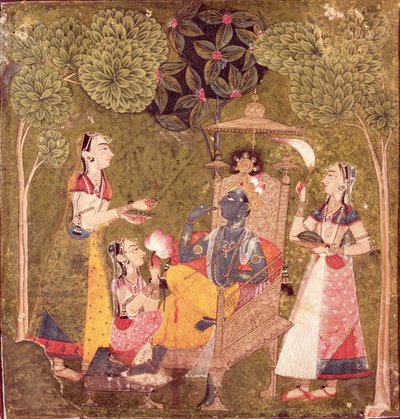 كريشنا والعذارى ، هيماشال براديش ، مدرسة باهاري ، حوالي 1710 (ألوان مائية على ورق) بواسطة مدرسة باهاري