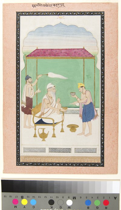 رانجيت سينغ جالسًا على كرسي ذهبي ، يحضره حامل مشال وخدم وي ، حوالي عام 1830 (معتم w - c وذهبي على الورق) بواسطة مدرسة باهاري