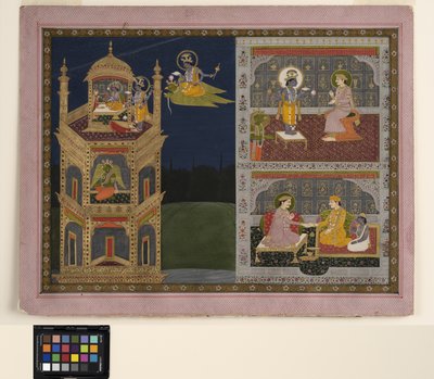 فيشنو يقترب من برج ذهبي في جارودا ، حوالي عام 1825 (ألوان مائية غير شفافة وذهبية على ورق) بواسطة مدرسة باهاري