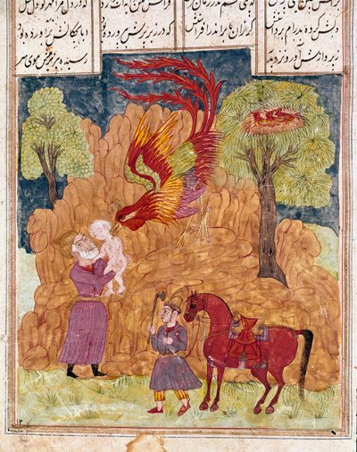 الفن الإسلامي: الطائر الخرافي سيمورج (على غرار طائر الفينيق أو فينيكس) يحمل زال ، ابن الملك صيام ، يتخلى عن الجبل لأنه ليس أمهق. منمنمة فارسية من مخطوطة القصيدة الملحمية "شاهنامه" (شاه ناما ، شاهنامه) (كتاب الملوك) بواسطة المدرسة الفارسية