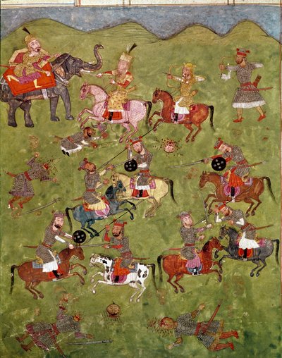 Islamic art: battle scene. Persian miniature from a manuscript of the epic poem “Shahnameh”” (Shah Nama, Shahnama) (Book of Kings) by Ferdowsi (Firdawsi, or Ferdawsi, or Firdousi, ca. 940-around 1020) Biblioteca Nazionale Naples بواسطة المدرسة الفارسية