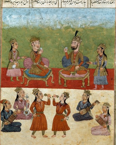 Islamic art: concert and entertainment in a harem. Persian miniature from a manuscript of the epic poem “Shahnameh”” (Shah Nama, Shahnama) (Book of Kings) by Ferdowsi (Firdawsi, or Ferdawsi, or Firdousi, ca. 940-around 1020) Biblioteca Nazionale Naples بواسطة المدرسة الفارسية