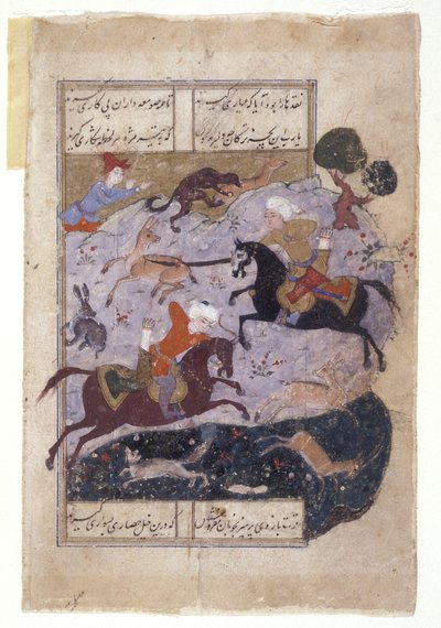 مشهد صيد مصغر (حبر وذهب على ورق) بواسطة المدرسة الفارسية