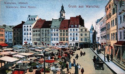 بطاقة بريدية تصور مكان سوق المدينة القديمة في وارسو ، حوالي عام 1910 (حجر ليثو ملون) بواسطة مدرسة البولندية