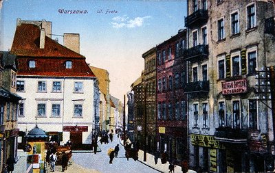 بطاقة بريدية تصور مشهد شارع في وسط وارسو القديم ، حوالي عام 1910 (حجر ليثو ملون) بواسطة مدرسة البولندية