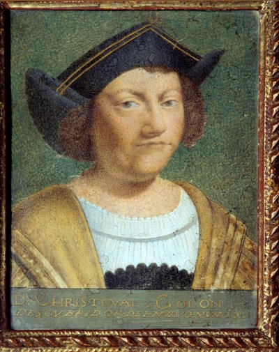صورة للملاح كريستوفر كولومبوس (1451-1506) لوحة على ورق فيلين للمدرسة البرتغالية بواسطة المدرسة البرتغالية
