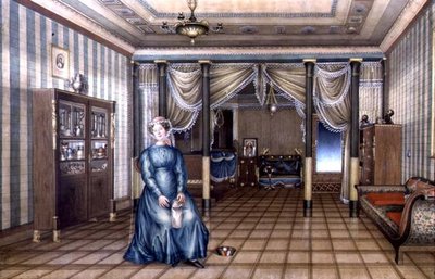 عانس في غرفة جلوس كلاسيكية حديثة ، حوالي عام 1835 (ألوان مائية مع ارتفاع على الورق) بواسطة المدرسة الروسية