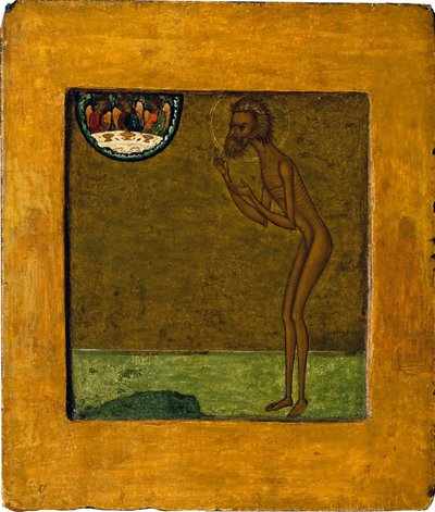 باسل المبارك أو القديس باسيلي (فاسيلي) (1469-1551 أو 1557). أيقونة روسية مجهولة ، تمبرا على خشب ، أواخر القرن السادس عشر. فن موسكو التقليدي. معرض الدولة تريتياكوف ، موسكو. بواسطة المدرسة الروسية