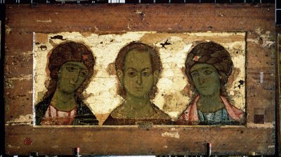 المسيح عمانوئيل محاط برؤساء الملائكة ميخائيل وجبرائيل (المسيح عمانوئيل مع رؤساء الملائكة ميخائيل وجبرائيل). أيقونة روسية ، تمبرا على خشب ، أواخر القرن الثاني عشر. فن فلاديمير (روسيا). معرض الدولة تريتياكوف ، موسكو (روسيا). بواسطة المدرسة الروسية