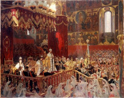 تتويج نيكولاس الثاني عام 1896 في كاتدرائية أوسينسكي في موسكو - لوحة روسية مجهولة بواسطة المدرسة الروسية
