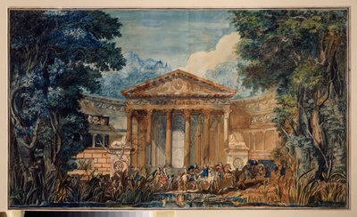 ديكور تحضيري لأوبرا "Fedra" (Phedre) لجيوفاني بيزيلو (Paesieillo أو Paesieixo) (1740-1816). عمل فنان روسي ، ألوان مائية وغواش على ورق ، حوالي عام 1800. فن سينوغرافي روسي بواسطة المدرسة الروسية