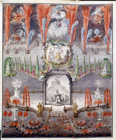 الألعاب النارية والإضاءة في 17 سبتمبر 1747 في Gostilitsy (روسيا). عمل مجهول ، نقش نحاسي ملون بالألوان المائية ، منتصف القرن الثامن عشر. الفن الروسي بواسطة المدرسة الروسية