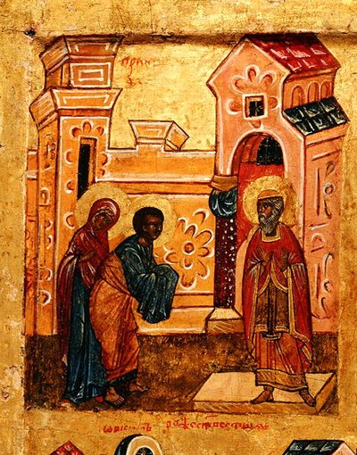 أيقونة تصور يواكيم وآنا يزوران الهيكل في القدس ، حوالي 1550 (تمبرا وورقة ذهبية على اللوحة) (تفاصيل 314500) بواسطة المدرسة الروسية