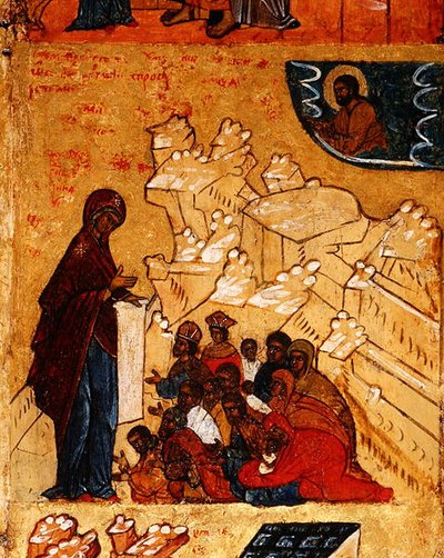 أيقونة تصور الظهور الإعجازي للعذراء للأمير أندريه بوغوليوبسكي عام 1155 ، حوالي 1550 (تمبرا وأوراق ذهبية على اللوحة) (تفاصيل 314500) بواسطة المدرسة الروسية