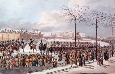 في عام 1825 ثورة الديسمبريين (Decabrists) في مستقبل نيكولاس الأول للحصول على دستور جديد. نقش من عام 1830. سانت بطرسبرغ. مكتبة هيرميتاج بواسطة المدرسة الروسية