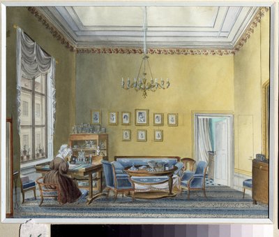 داخل منزل E. Boratynsky (Evgueni Baratynski) (1800-1844) في موسكو (داخلي في منزل E. Boratynsky في موسكو). لوحة لسيد روسي من القرن التاسع عشر. لوحة مائية على الورق ، حوالي عام 1830. الفن الروسي ، الكلاسيكية. متحف الدولة في E. Boratynsk بواسطة المدرسة الروسية