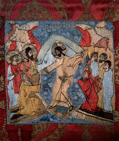 النزول إلى الجحيم - تفاصيل كفن لسيد روسي من الصوف والحرير والخيط الذهبي والفضي بواسطة المدرسة الروسية