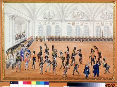 موكب الحرس. لوحة مجهولة. لوحة مائية على الورق ، حوالي عام 1820. فن روسي ، هجاء. متحف بوشكين التذكاري ، سانت بطرسبرغ. بواسطة المدرسة الروسية