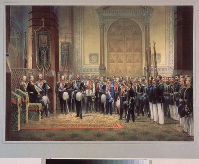قسم الولاء لروسيا تساريفيتش نيكولاس ألكساندروفيتش رومانوف (1843-1865) في كنيسة الجيش. عمل سيد روسي ، ألوان مائية على ورق بواسطة المدرسة الروسية