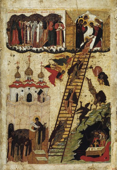 "سلم جنة القديس يوحنا كليماتشوس" (سلم القديس يوحنا السينائي) وهو يمثل الرهبان الذين وصلوا إلى قمة السلم وأولئك الذين سقطوا في العالم السفلي - أيقونة روسية من بداية القرن السادس عشر المتحف الروسي الحكومي ، حيوان أليف القديس بواسطة المدرسة الروسية
