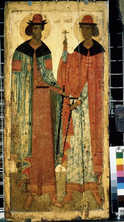 "" القديسين بوريس وجليب ، ابنا فلاديمير الأول من كييف "" الرمز الروسي. الرسم على الخشب حوالي عام 1450. معرض الدولة تريتياكوف ، موسكو بواسطة المدرسة الروسية