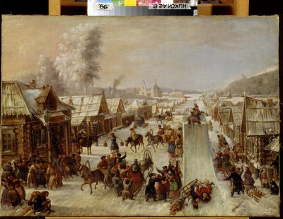 ماردي غرا (شروفيتيد). مشهد من الاحتفالات التقليدية والاحتفالات الشعبية في شارع مغطى بالثلوج في بلدة صغيرة بها منازل خشبية. تم وضع مسار للتزحلق ويشرب السكان ويحيون بعضهم البعض بسعادة. لوحة مجهولة بواسطة المدرسة الروسية