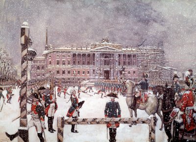 عرض عسكري أمام قصر ميخائيلوفسك في حضور الإمبراطور الروسي بول الأول (1754-1801). المدرسة الروسية بواسطة المدرسة الروسية