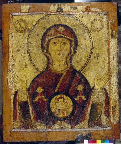 Notre Dame du Signe - Icone russe ، tempera sur bois (73،4x64 cm) ، الظهور الأول 13eme siecle - (Our Lady of the Sign ، تمبرا على لوحة ، أيقونة روسية ، أوائل القرن الثالث عشر) - معرض الدولة تريتياكوف ، موسكو بواسطة المدرسة الروسية
