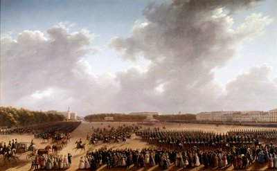 موكب على شارع Champs de Mars ، في المقدمة الكسندر بوشكين (بوشكين) (1799-1837) ونيكولاس الأول (1796-1855) على ظهر حصان متجه إلى مقدمة الامبراطور في عربة في باريس لوحة للمدرسة الروسية. 1825-1830. سانت بطرسبرغ ، متحف بواسطة المدرسة الروسية