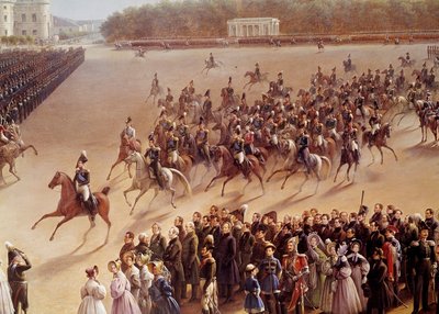 موكب على شارع Champs de Mars ، في المقدمة الكسندر بوشكين (بوشكين) (1799-1837) ونيكولاس الأول (1796-1855) على ظهر حصان متجه إلى مقدمة الامبراطور في عربة في تفاصيل باريس. لوحة المدرسة الروسية. 1825-1830. سانت بطرسبرغ ، م بواسطة المدرسة الروسية
