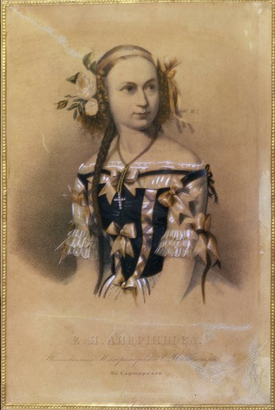 صورة لراقصة الباليه الروسية إيلينا أندريانوفا (أندريانوفا) (1819-1857). (راقصة الباليه إيلينا أندريانوفا). طباعة حجرية ملونة لفنان روسي بواسطة المدرسة الروسية
