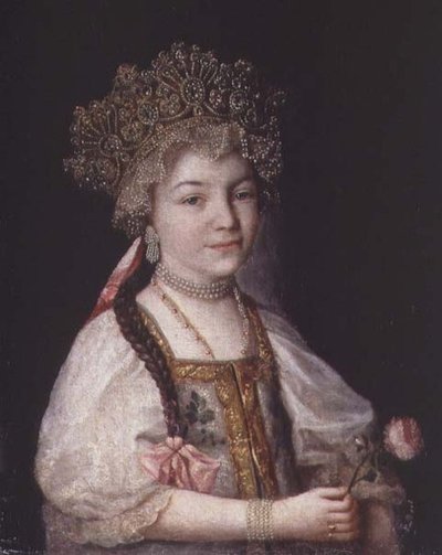 صورة ألكسندرا بافلوفنا بالزي الوطني الروسي ، حوالي عام 1790 (زيت على قماش) بواسطة المدرسة الروسية